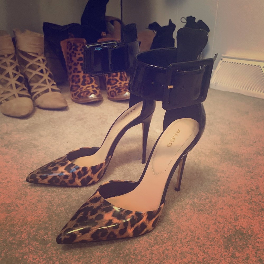 Leopard ankle strap heels